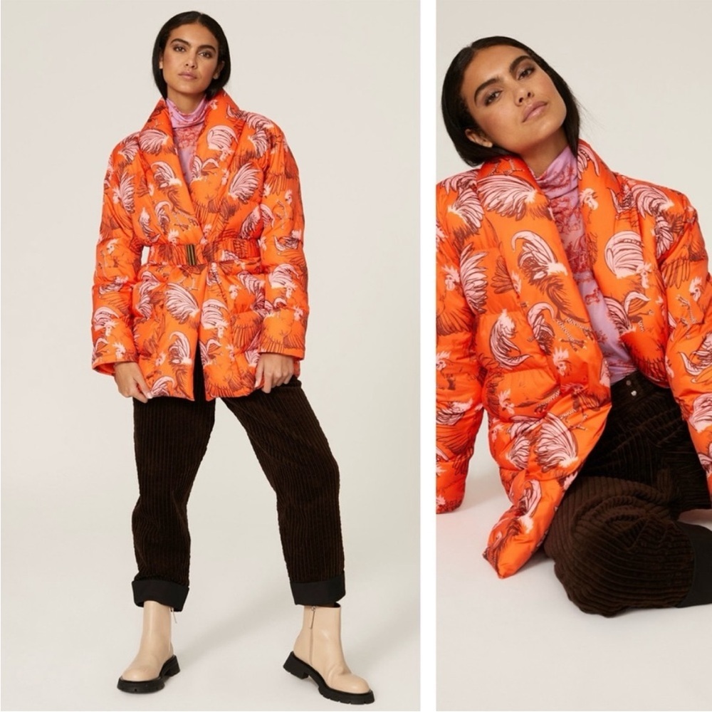 Rachel Antonoff Midi-Length Toni Puffer Jacket Orange Roaster Print